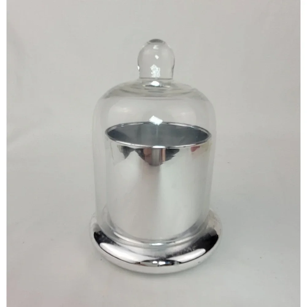 Silver Chrome Glass Cloche Candle Holder Clear Dome Pedestal Decor
